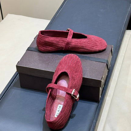 ALAIA 26S KNIT BALLET FLATS IN DARK RED SUEDE