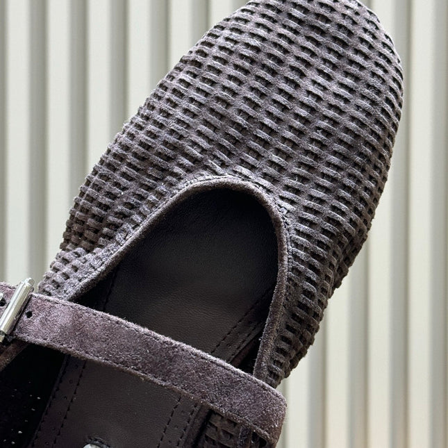 ALAIA 26S KNIT BALLET FLATS IN DARK BROWN SUEDE