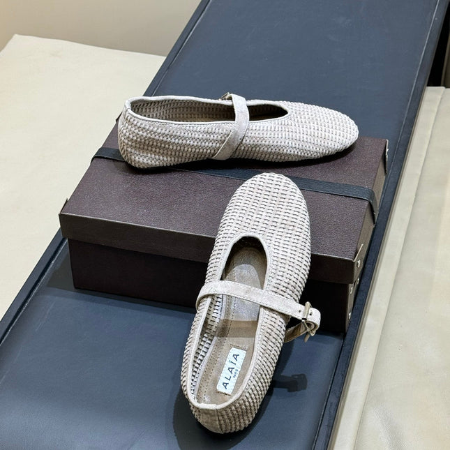 ALAIA 26S KNIT BALLET FLATS IN BEIGE SUEDE
