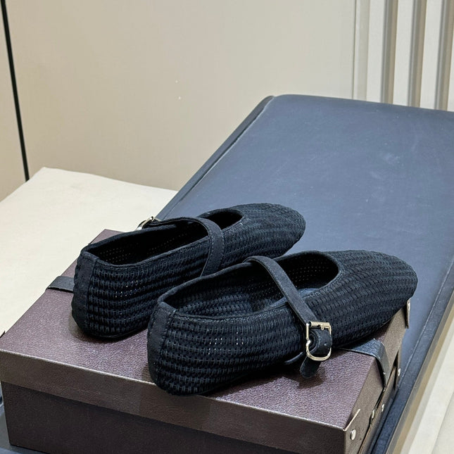ALAIA 26S KNIT BALLET FLATS IN BLACK SUEDE