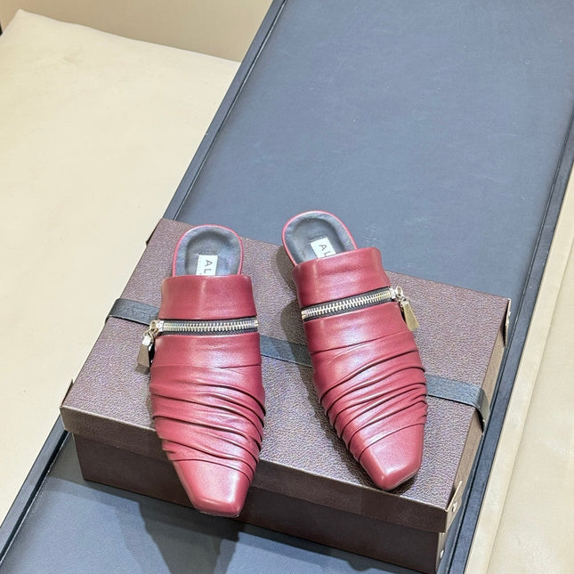 ALAIA 26S PLEATED MULES IN DARK RED LAMBSKIN