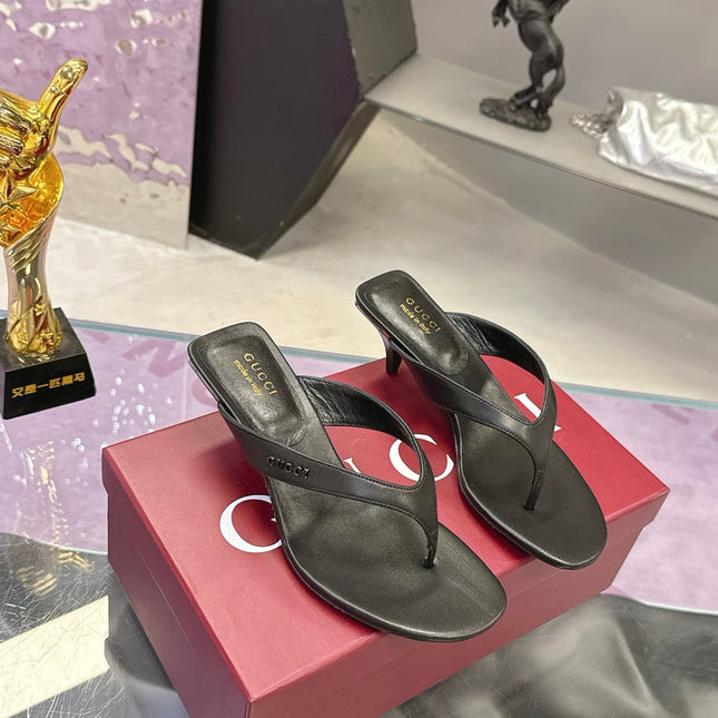 GUCCI 26S THONG KITTEN HEEL SANDALS 55MM IN BLACK CALFSKIN