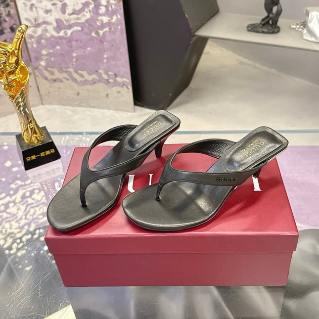 GUCCI 26S THONG KITTEN HEEL SANDALS 55MM IN BLACK CALFSKIN