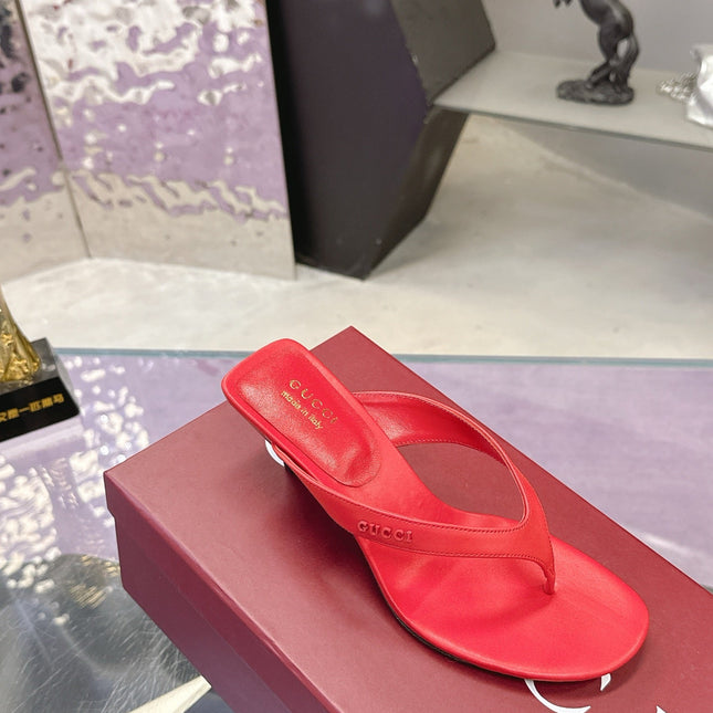 GUCCI 26S THONG KITTEN HEEL SANDALS 55MM IN DARK RED CALFSKIN