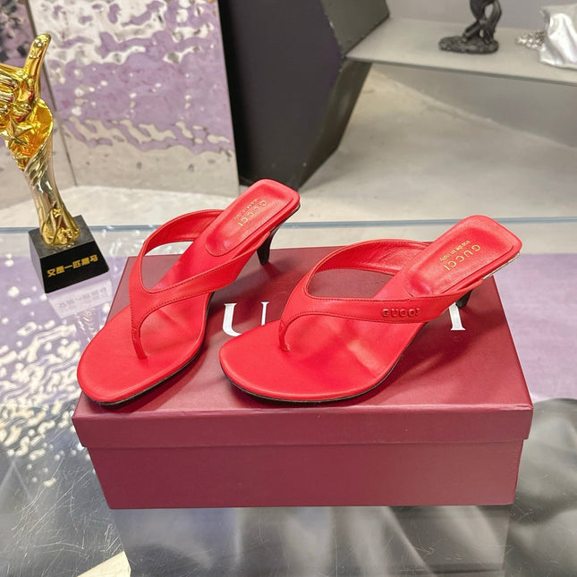 GUCCI 26S THONG KITTEN HEEL SANDALS 55MM IN DARK RED CALFSKIN