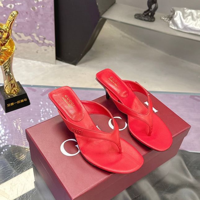 GUCCI 26S THONG KITTEN HEEL SANDALS 55MM IN DARK RED CALFSKIN