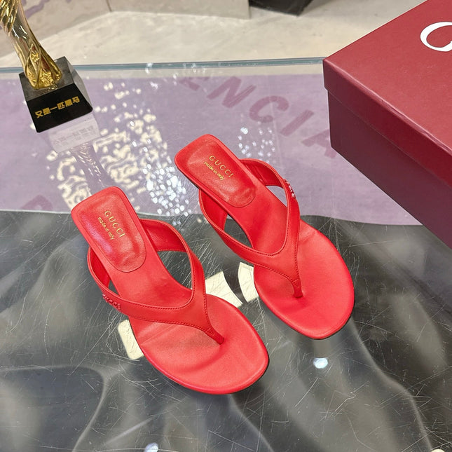 GUCCI 26S THONG KITTEN HEEL SANDALS 55MM IN DARK RED CALFSKIN