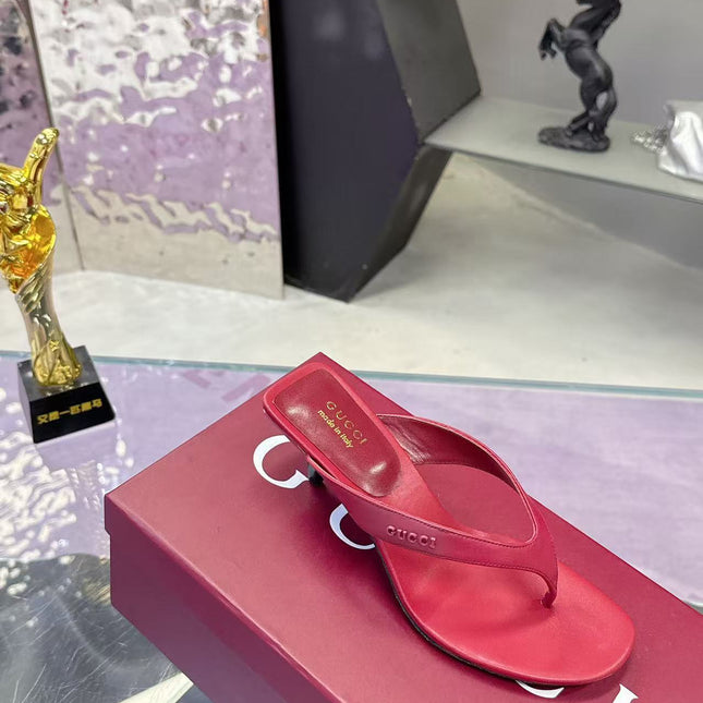 GUCCI 26S THONG KITTEN HEEL SANDALS 55MM IN BURGUNDY RED CALFSKIN
