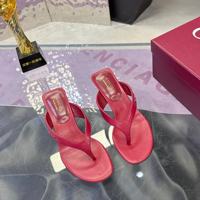 GUCCI 26S THONG KITTEN HEEL SANDALS 55MM IN BURGUNDY RED CALFSKIN