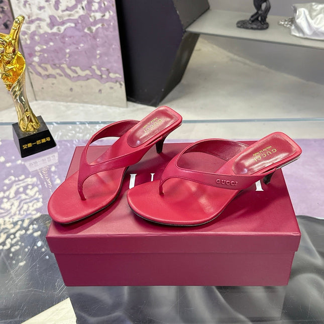 GUCCI 26S THONG KITTEN HEEL SANDALS 55MM IN BURGUNDY RED CALFSKIN