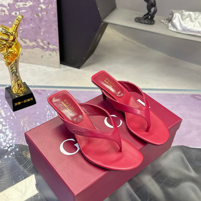 GUCCI 26S THONG KITTEN HEEL SANDALS 55MM IN BURGUNDY RED CALFSKIN