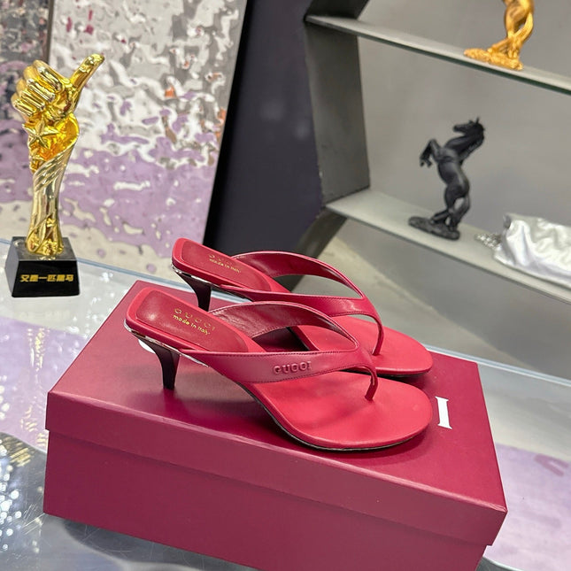 GUCCI 26S THONG KITTEN HEEL SANDALS 55MM IN BURGUNDY RED CALFSKIN
