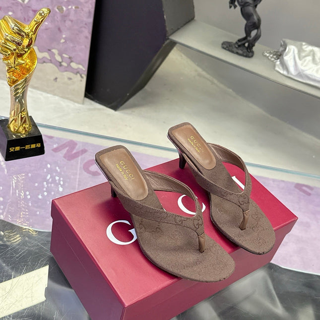 GUCCI 26S THONG KITTEN HEEL SANDALS 55MM IN BROWN GG CANVAS