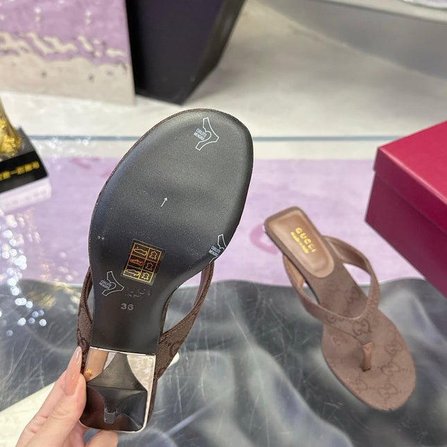 GUCCI 26S THONG KITTEN HEEL SANDALS 55MM IN BROWN GG CANVAS
