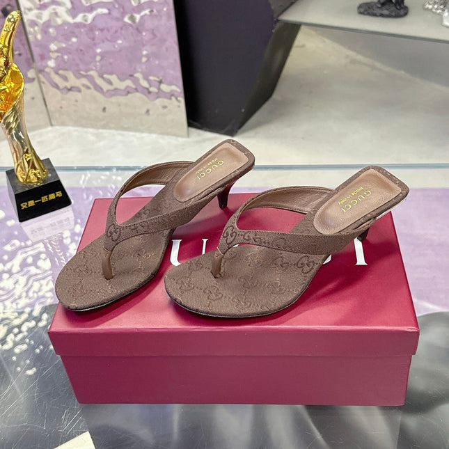 GUCCI 26S THONG KITTEN HEEL SANDALS 55MM IN BROWN GG CANVAS