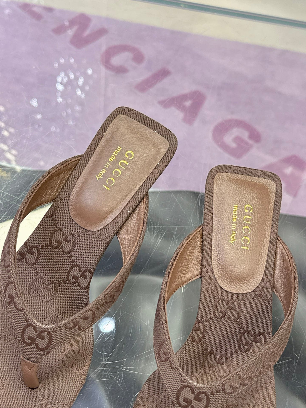 GUCCI 26S THONG KITTEN HEEL SANDALS 55MM IN BROWN GG CANVAS