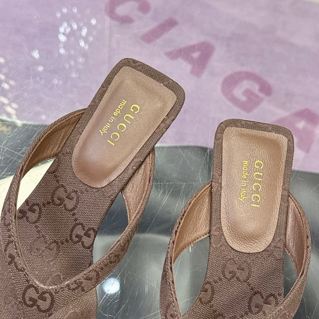 GUCCI 26S THONG KITTEN HEEL SANDALS 55MM IN BROWN GG CANVAS
