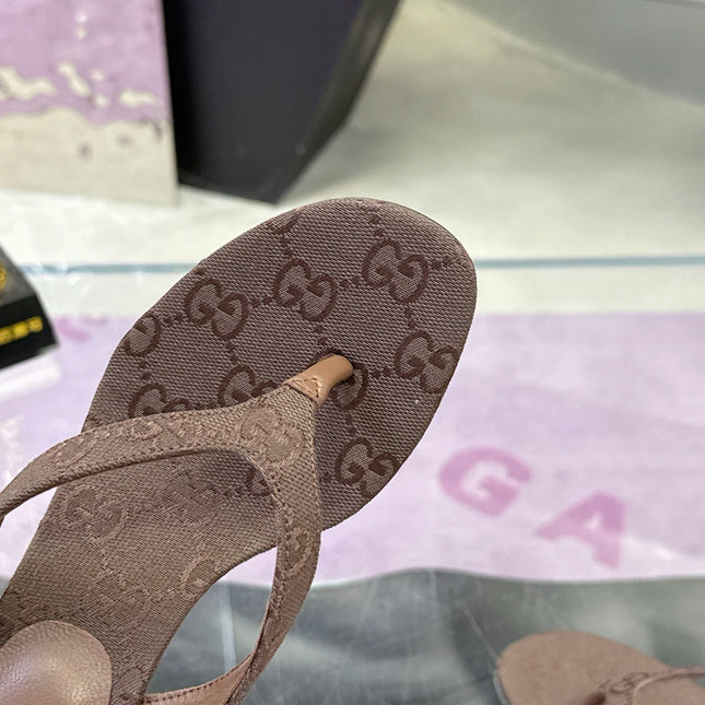 GUCCI 26S THONG KITTEN HEEL SANDALS 55MM IN BROWN GG CANVAS