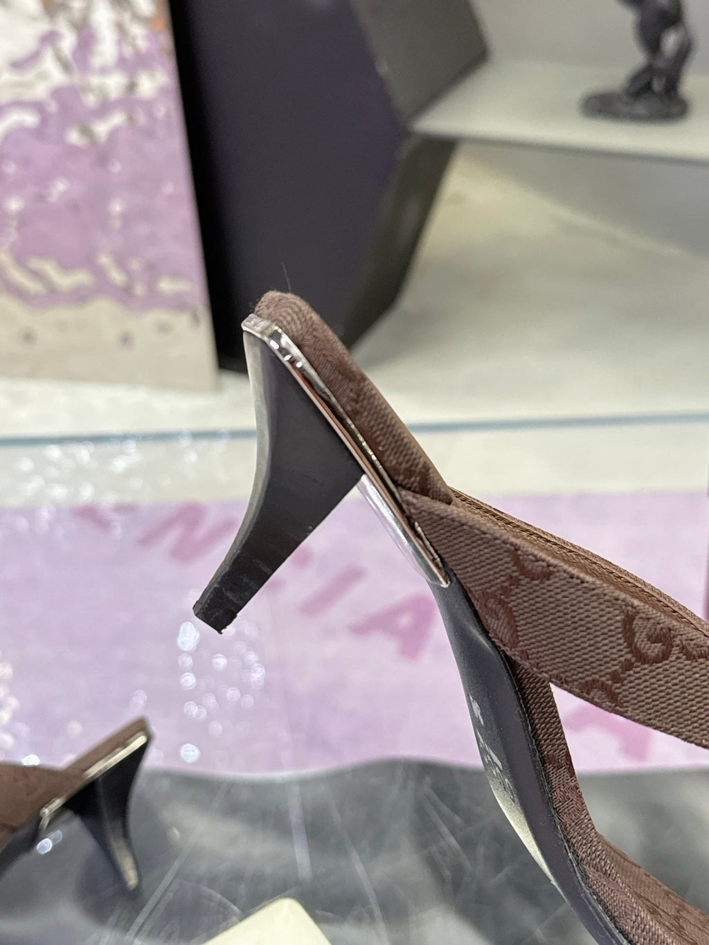 GUCCI 26S THONG KITTEN HEEL SANDALS 55MM IN BROWN GG CANVAS