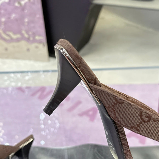 GUCCI 26S THONG KITTEN HEEL SANDALS 55MM IN BROWN GG CANVAS