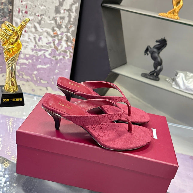 GUCCI 26S THONG KITTEN HEEL SANDALS 55MM IN BURGUNDY RED GG CANVAS