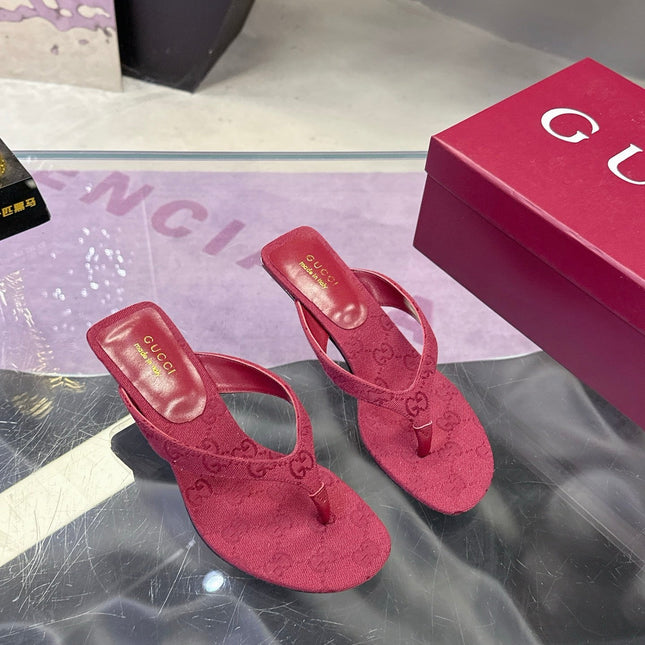 GUCCI 26S THONG KITTEN HEEL SANDALS 55MM IN BURGUNDY RED GG CANVAS