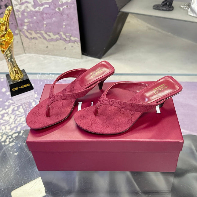 GUCCI 26S THONG KITTEN HEEL SANDALS 55MM IN BURGUNDY RED GG CANVAS