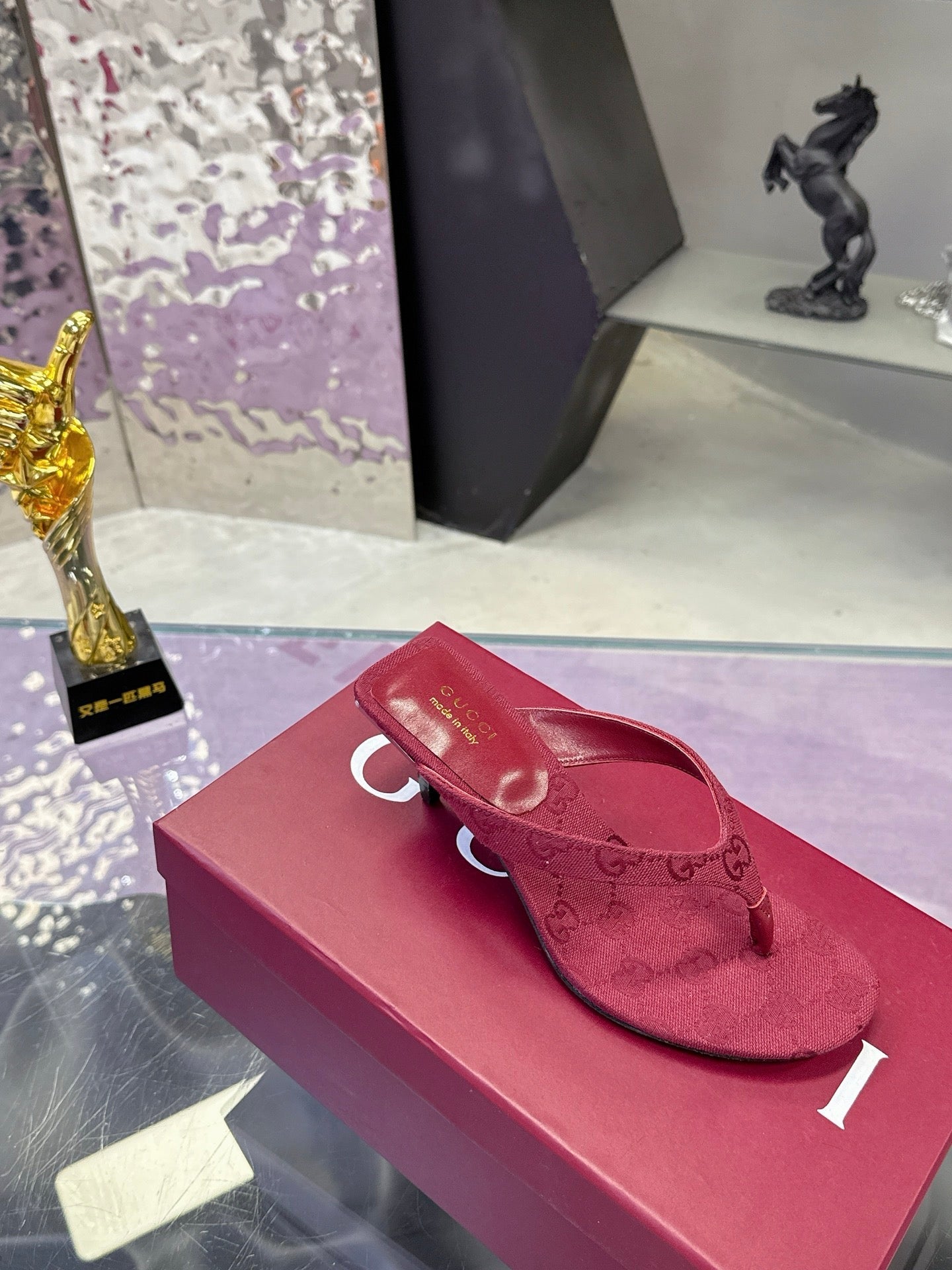 GUCCI 26S THONG KITTEN HEEL SANDALS 55MM IN BURGUNDY RED GG CANVAS