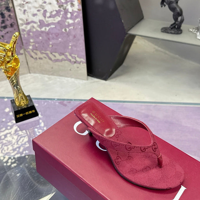 GUCCI 26S THONG KITTEN HEEL SANDALS 55MM IN BURGUNDY RED GG CANVAS