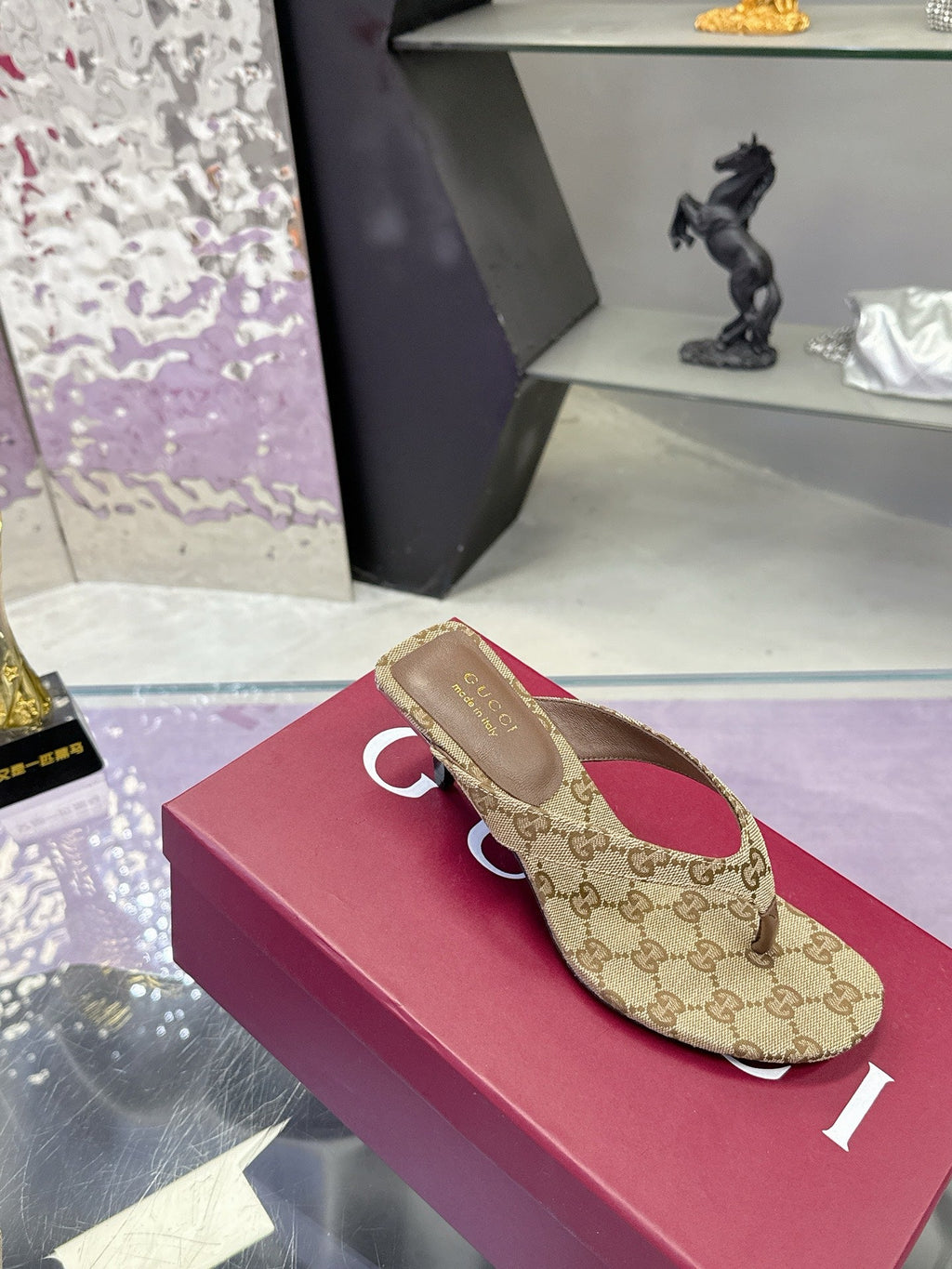 GUCCI 26S THONG KITTEN HEEL SANDALS 55MM IN BEIGE GG CANVAS