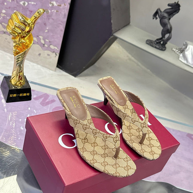 GUCCI 26S THONG KITTEN HEEL SANDALS 55MM IN BEIGE GG CANVAS