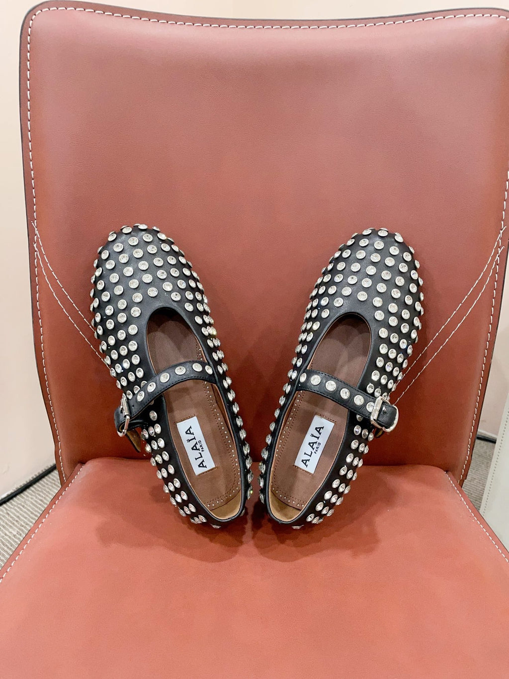 ALAIA MARY JANE SHOES IN BLACK LAMBKIN ATTACH RHINSTONES