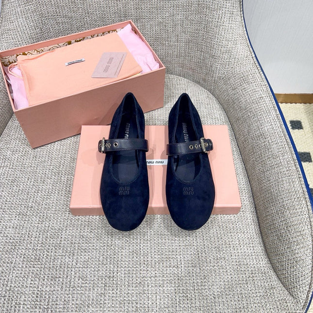 MIUMIU 26S MARY JANE FLATS IN BLACK SUEDE WITH BLACK BUCKLE STRAP
