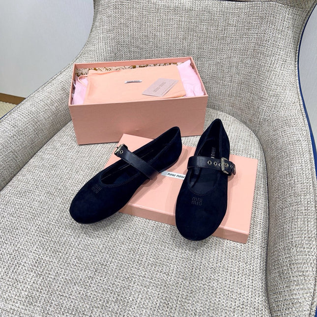 MIUMIU 26S MARY JANE FLATS IN BLACK SUEDE WITH BLACK BUCKLE STRAP