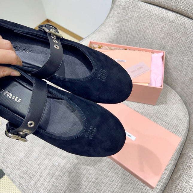 MIUMIU 26S MARY JANE FLATS IN BLACK SUEDE WITH BLACK BUCKLE STRAP