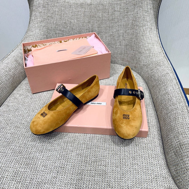 MIUMIU 26S MARY JANE FLATS IN GOLD BROWN SUEDE WITH BLACK BUCKLE STRAP