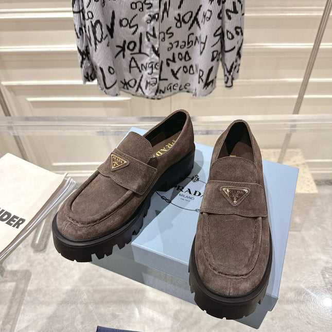 PRADA 26S PLATFORM LOAFERS 45MM IN DARK BROWN SUEDE