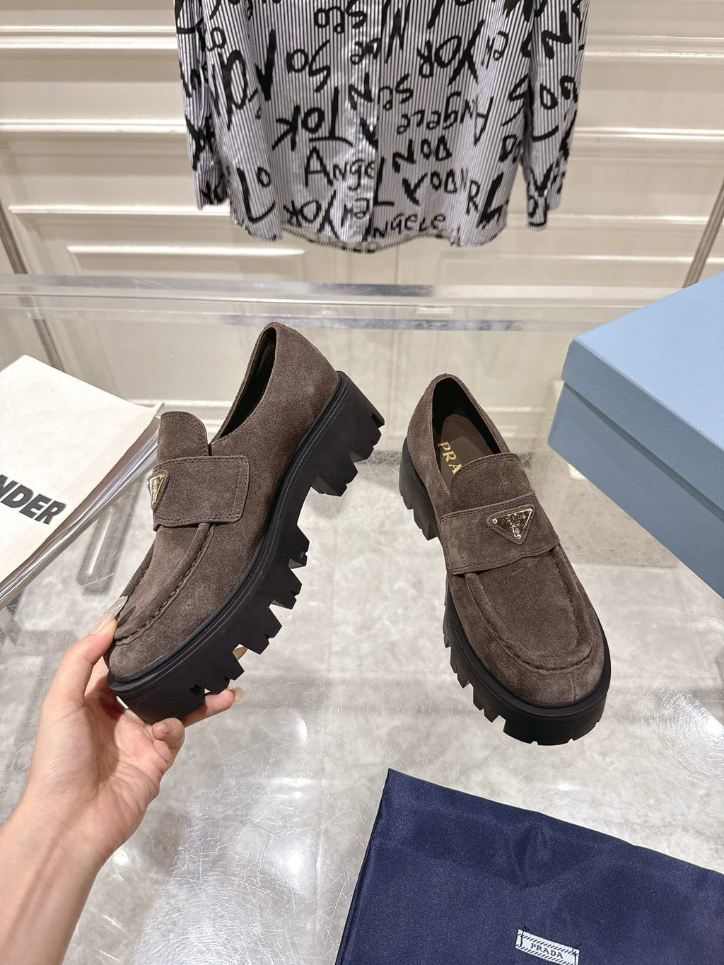PRADA 26S PLATFORM LOAFERS 45MM IN DARK BROWN SUEDE