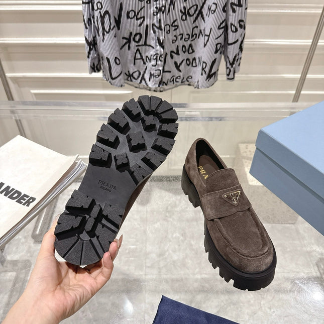 PRADA 26S PLATFORM LOAFERS 45MM IN DARK BROWN SUEDE