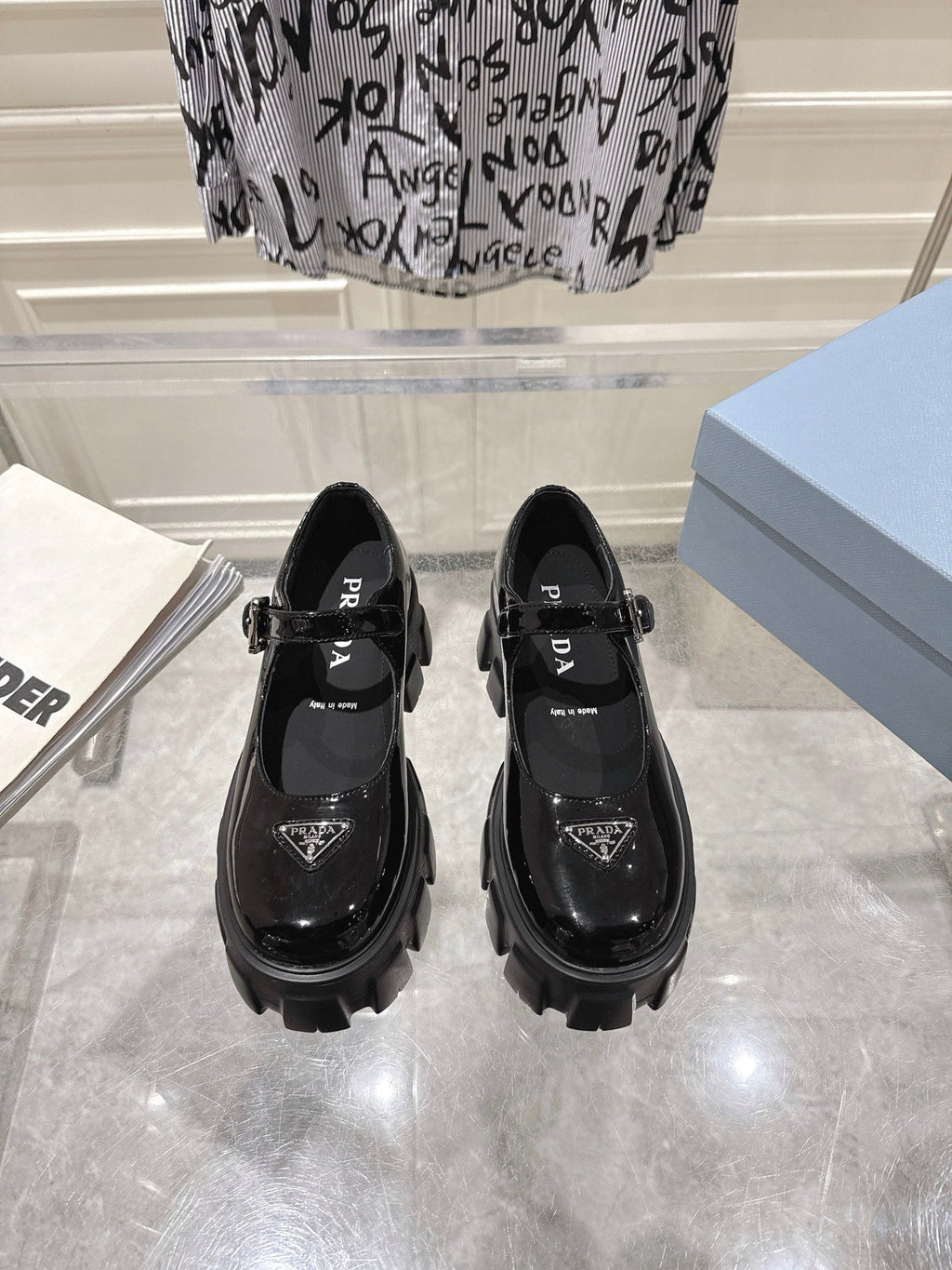 PRADA 26S MARY JANE SHOES 45MM IN BLACK PATENT CALFSKIN