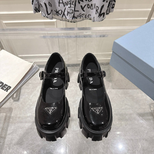 PRADA 26S MARY JANE SHOES 45MM IN BLACK PATENT CALFSKIN