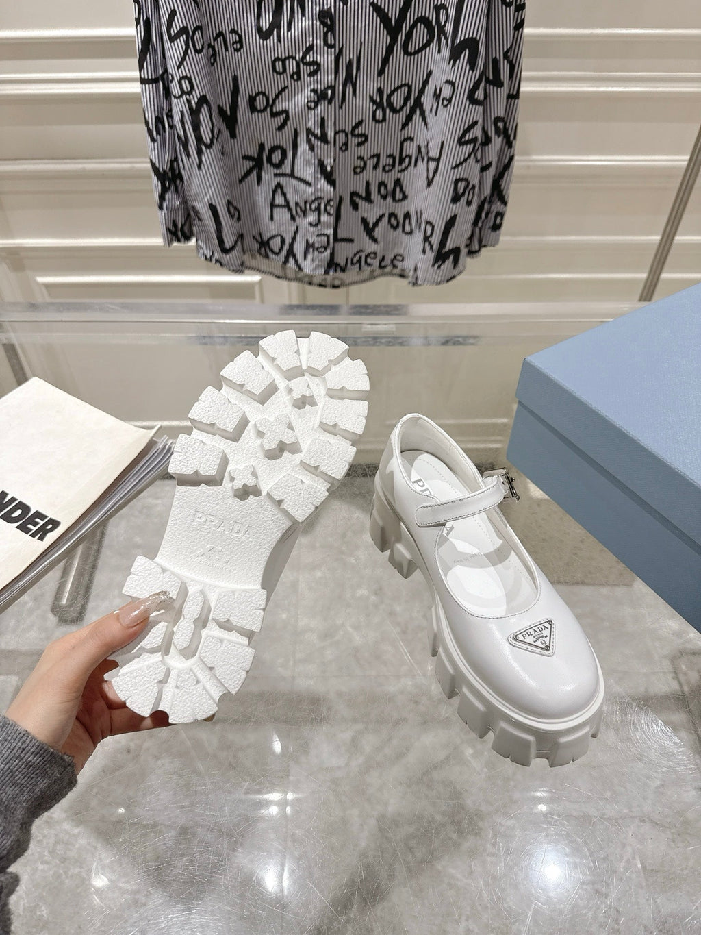 PRADA 26S MARY JANE SHOES 45MM IN WHITE CALFSKIN