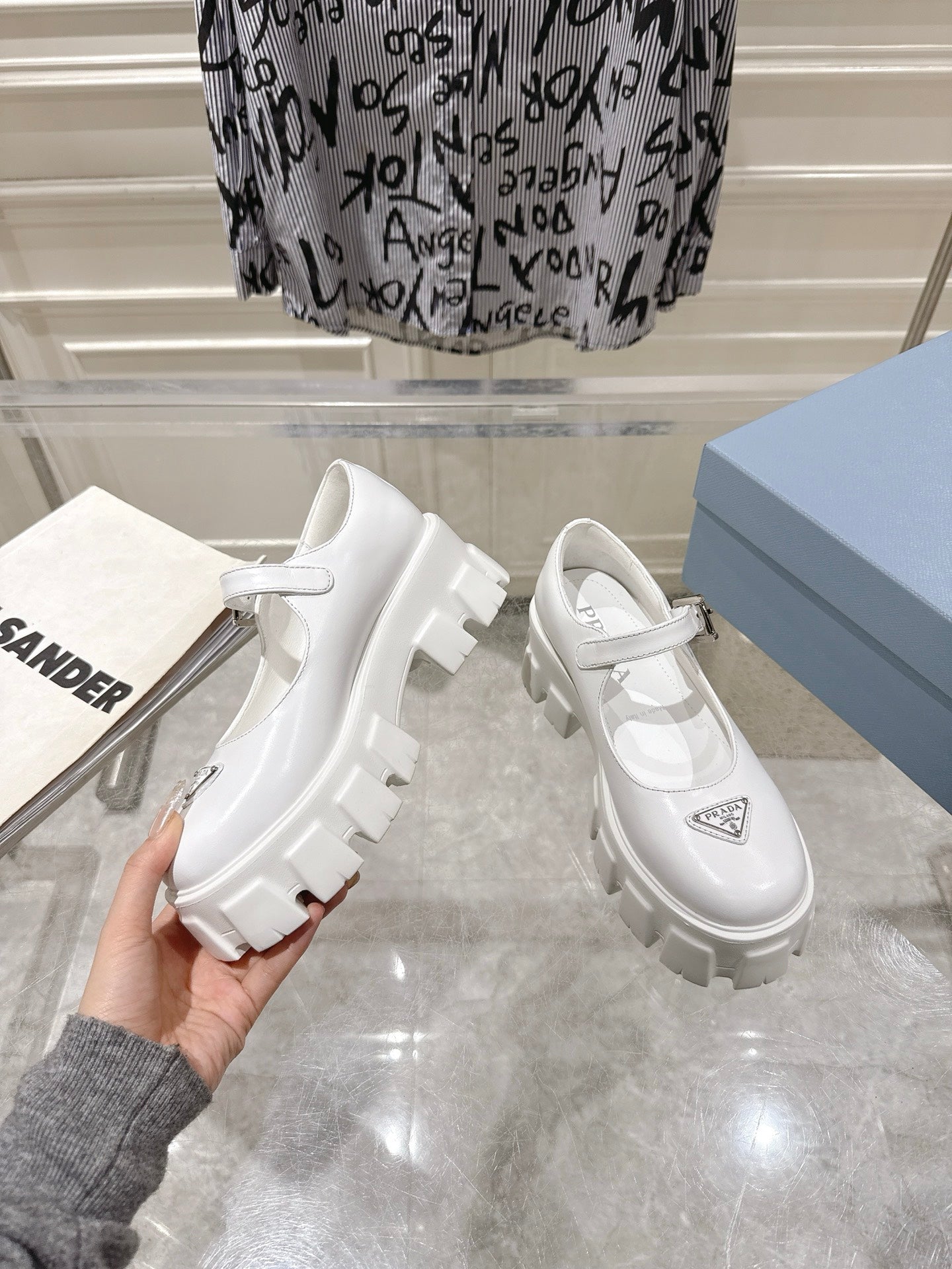 PRADA 26S MARY JANE SHOES 45MM IN WHITE CALFSKIN