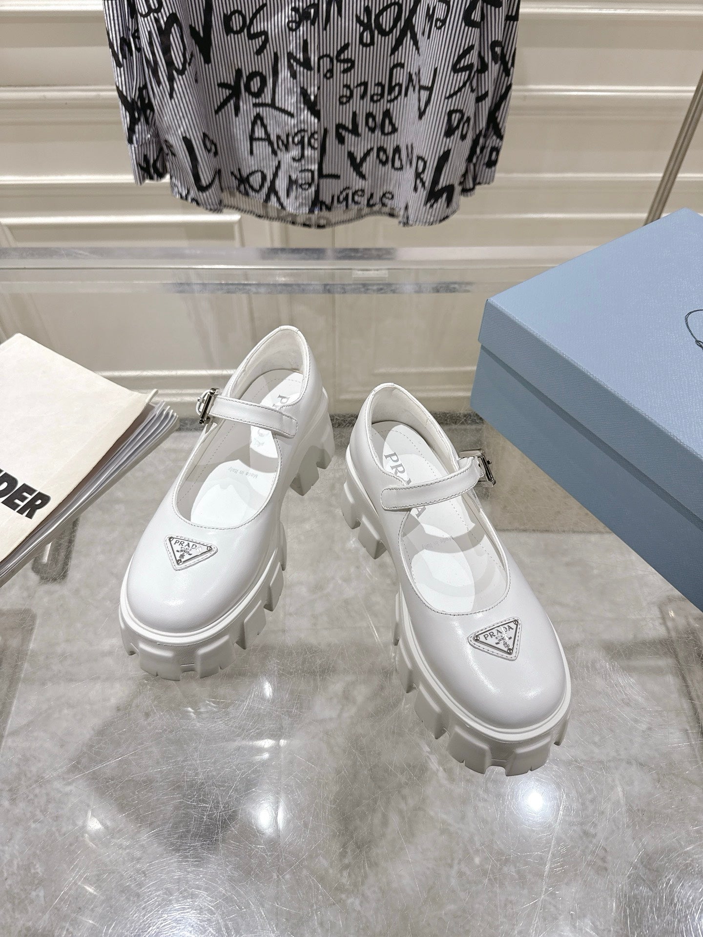 PRADA 26S MARY JANE SHOES 45MM IN WHITE CALFSKIN