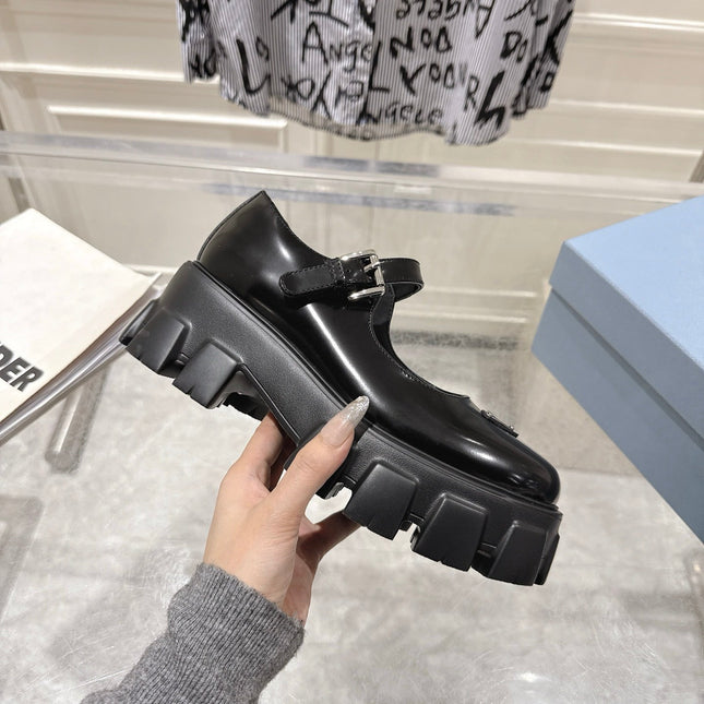 PRADA 26S MARY JANE SHOES 45MM IN BLACK SHINE CALFSKIN