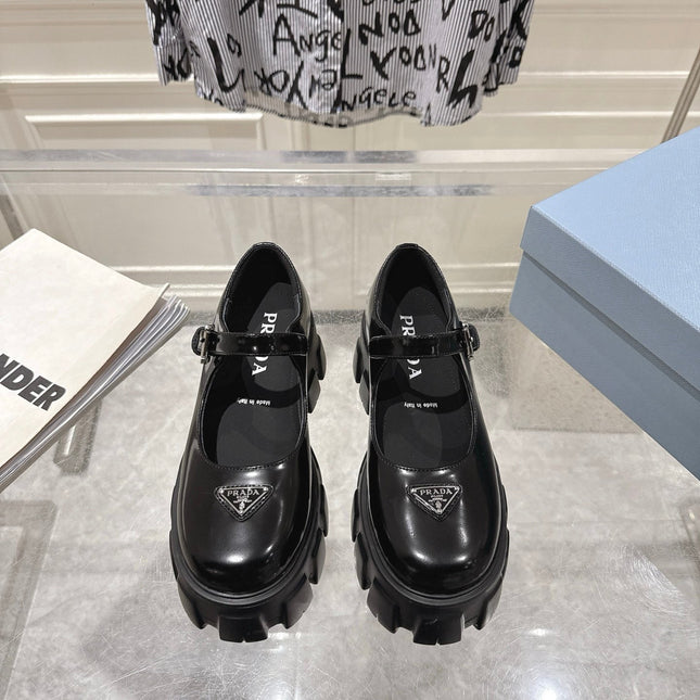 PRADA 26S MARY JANE SHOES 45MM IN BLACK SHINE CALFSKIN