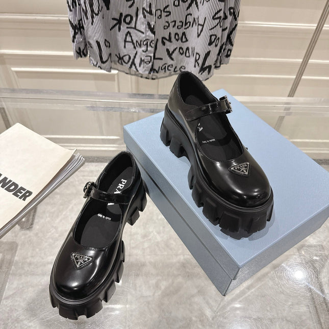 PRADA 26S MARY JANE SHOES 45MM IN BLACK SHINE CALFSKIN