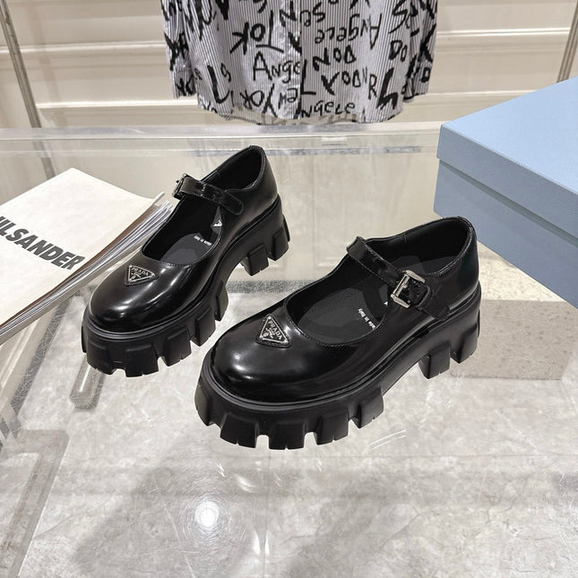 PRADA 26S MARY JANE SHOES 45MM IN BLACK SHINE CALFSKIN