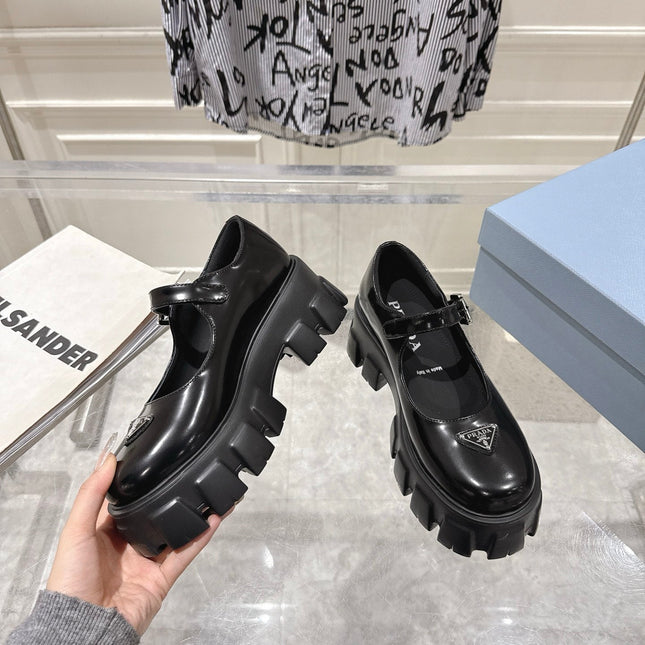 PRADA 26S MARY JANE SHOES 45MM IN BLACK SHINE CALFSKIN