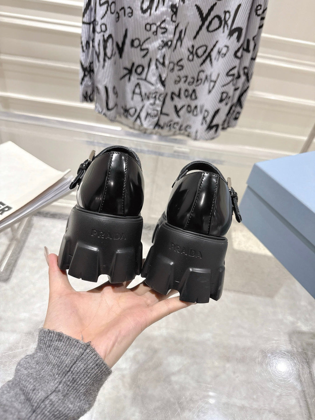 PRADA 26S MARY JANE SHOES 45MM IN BLACK SHINE CALFSKIN